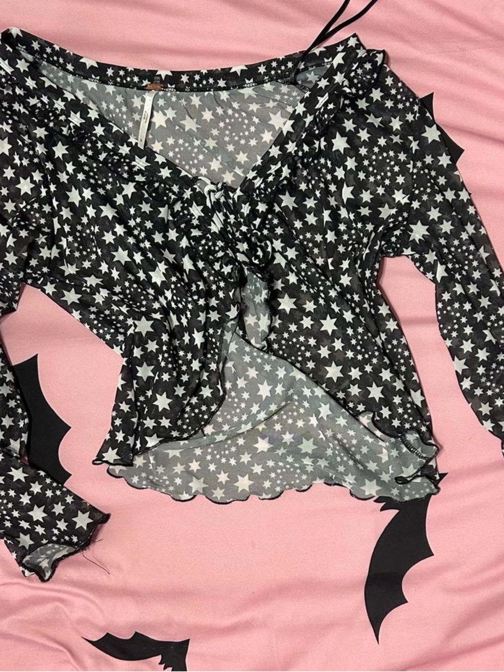 Free People Black Star Print Sheer Tie-Front top